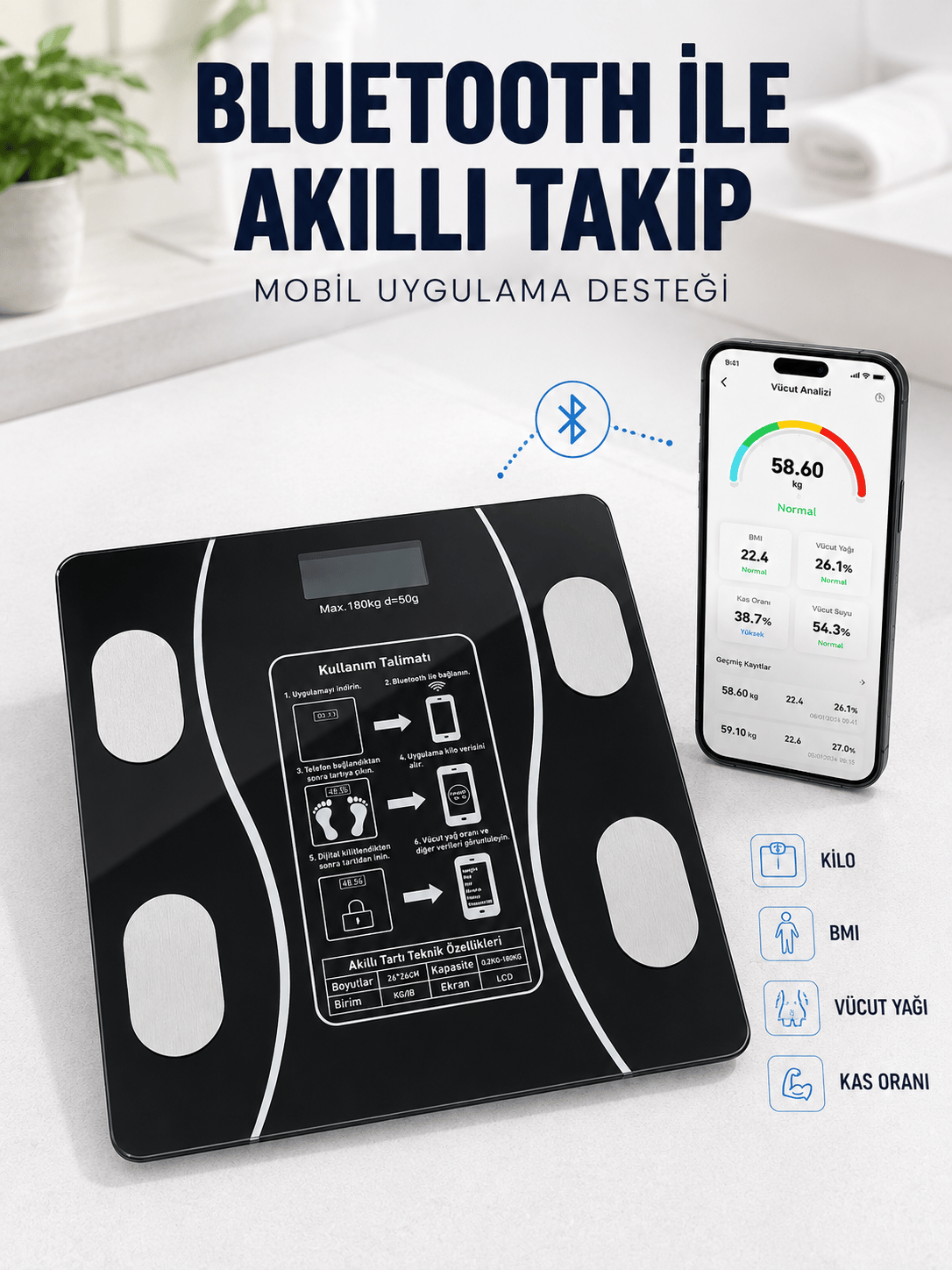 Akıllı Cam Baskül Bluetooth Mobil Uygulamalı Vücut Analiz Tartısı 180 Kg LCD Ekran