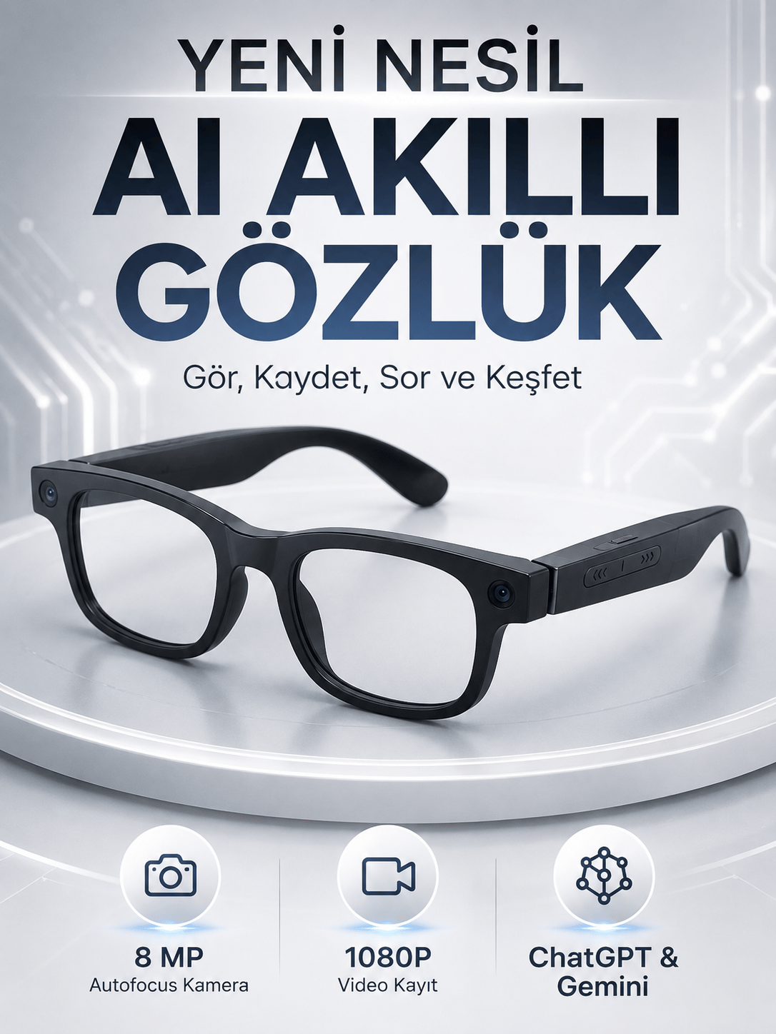 Akıllı Gözlük 8 MP Kameralı 1080P Video Kayıt WiFi Bağlantılı Çift Mikrofonlu Gürültü Engelleme Özellikli