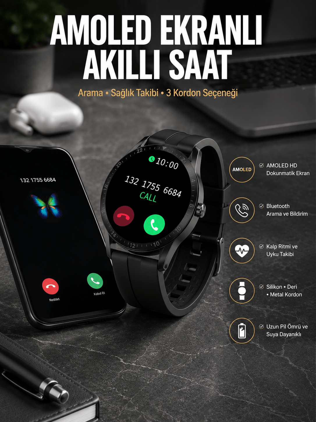 Akıllı Saat Amoled Ekran 3 Kordonlu NFC Ve GPS Uyumlu