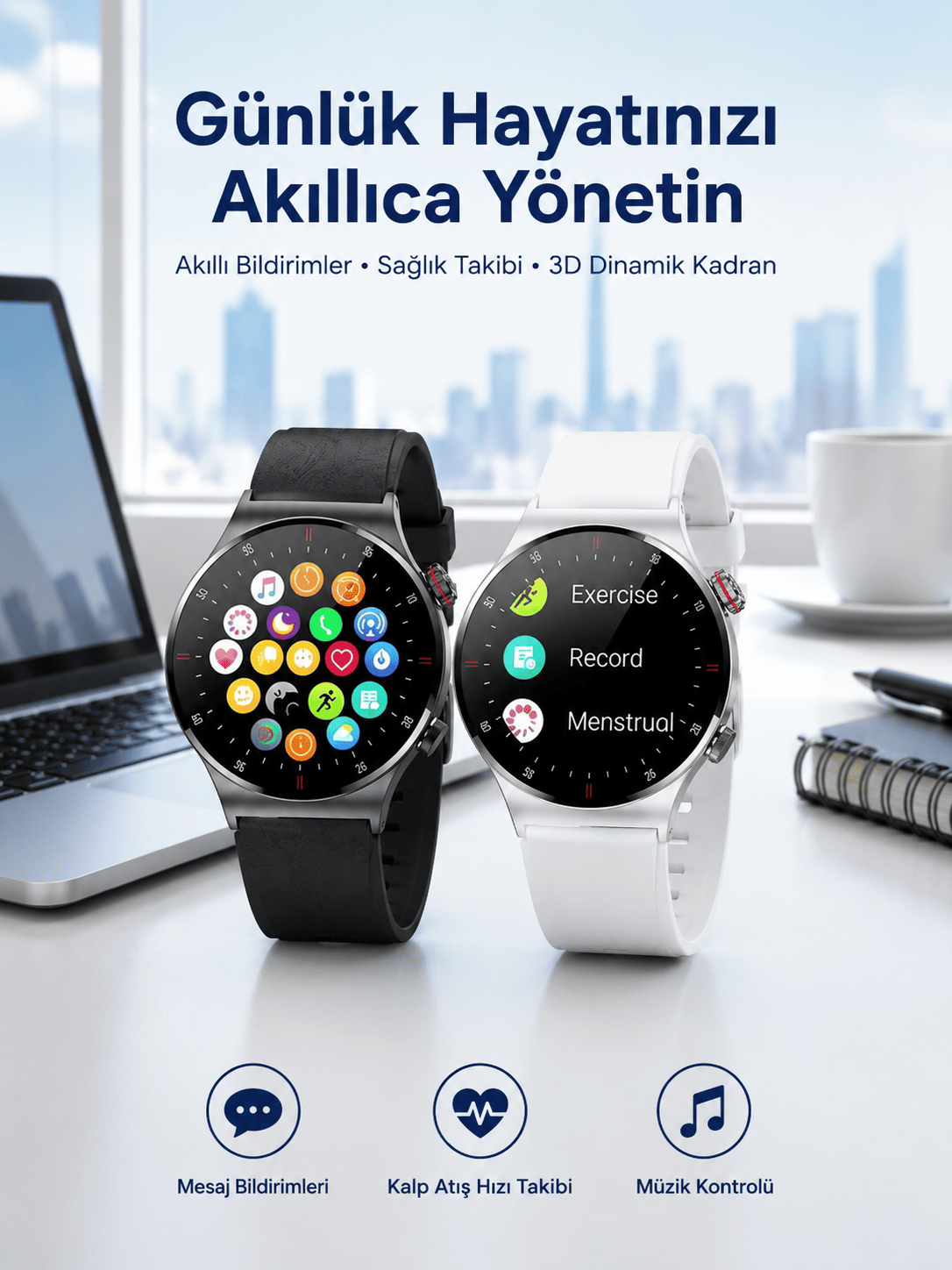 Akıllı Saat Amoled Ekran Bluetooth Bağlantılı Sesli Görüşme Nabız Ölçer