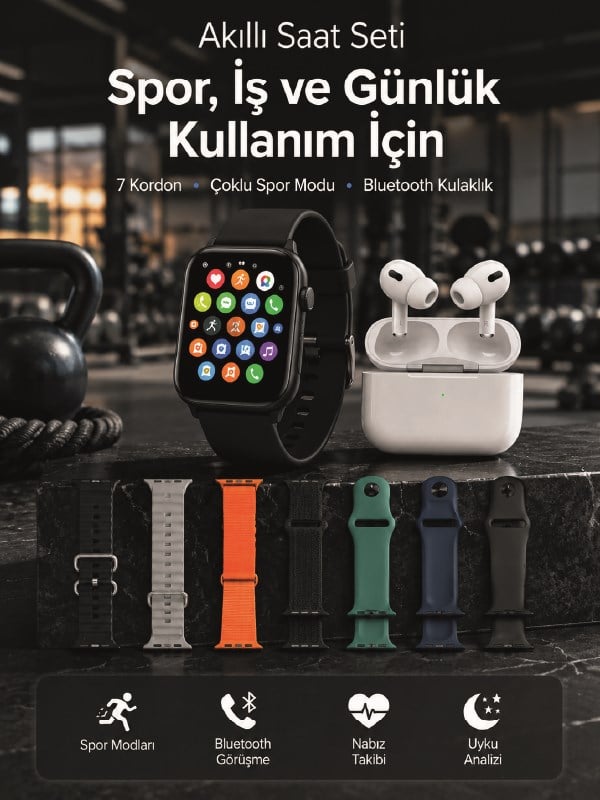 Akıllı Saat, Bluetooth Kulaklık ve 7 Farklı Kordon Tek Kutuda Günlük Kullanım ve Spor İçin