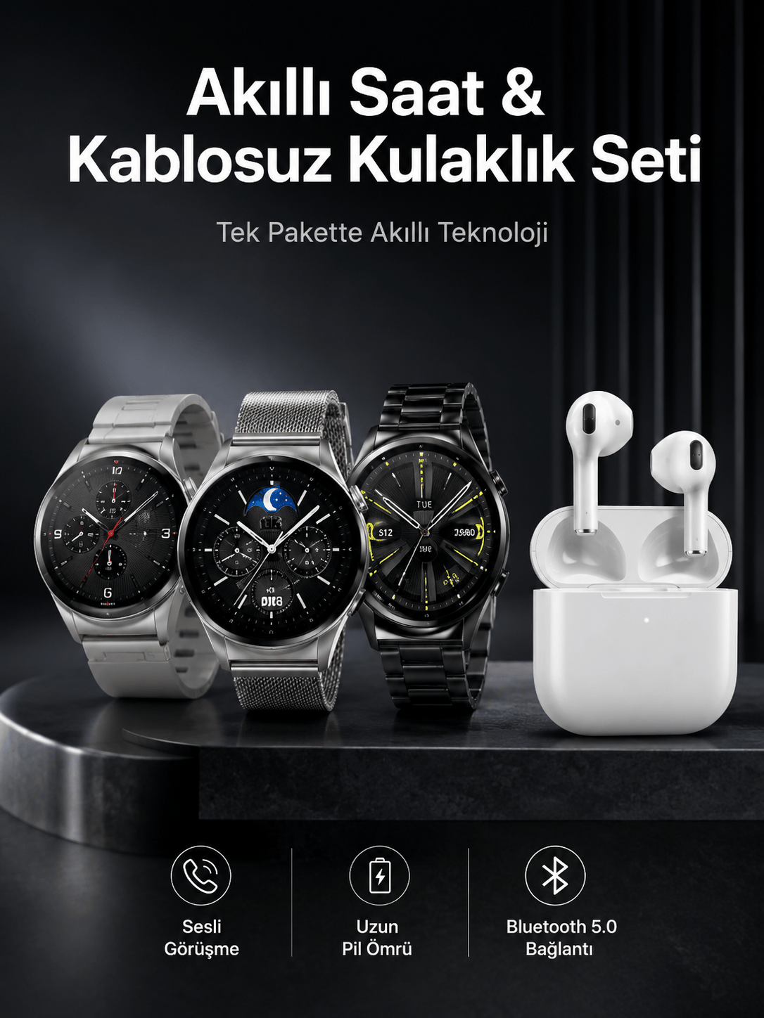 Akıllı Saat ve Kulaklık Seti Dokunmatik Ekran 5.0 Bluetooth Bağlantılı Sesli Görüşme