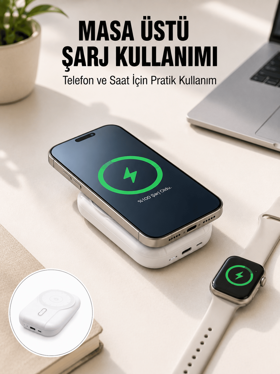 Akıllı Saat ve Telefon Uyumlu 4’ü 1 Arada Powerbank 10000 mAh Yeni Nesil