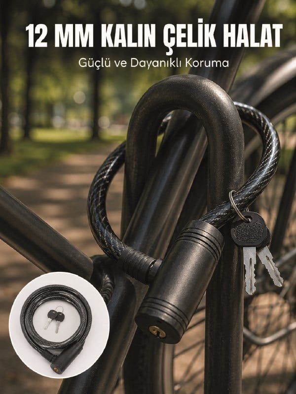 Anahtarlı Çelik Halat Kilit 12 mm Güçlü Bisiklet Kilidi 80 cm PVC Kaplamalı Elektrikli Scooter ve Motosiklet Uyumlu