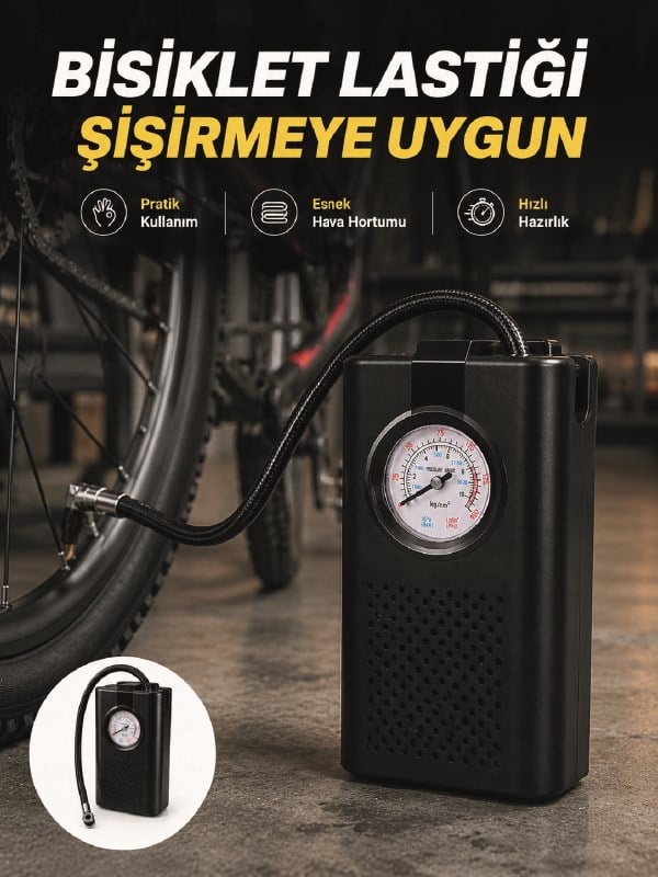 Analog Manometreli Kompakt Araç Hava Pompası Lastik Şişirme Cihazı