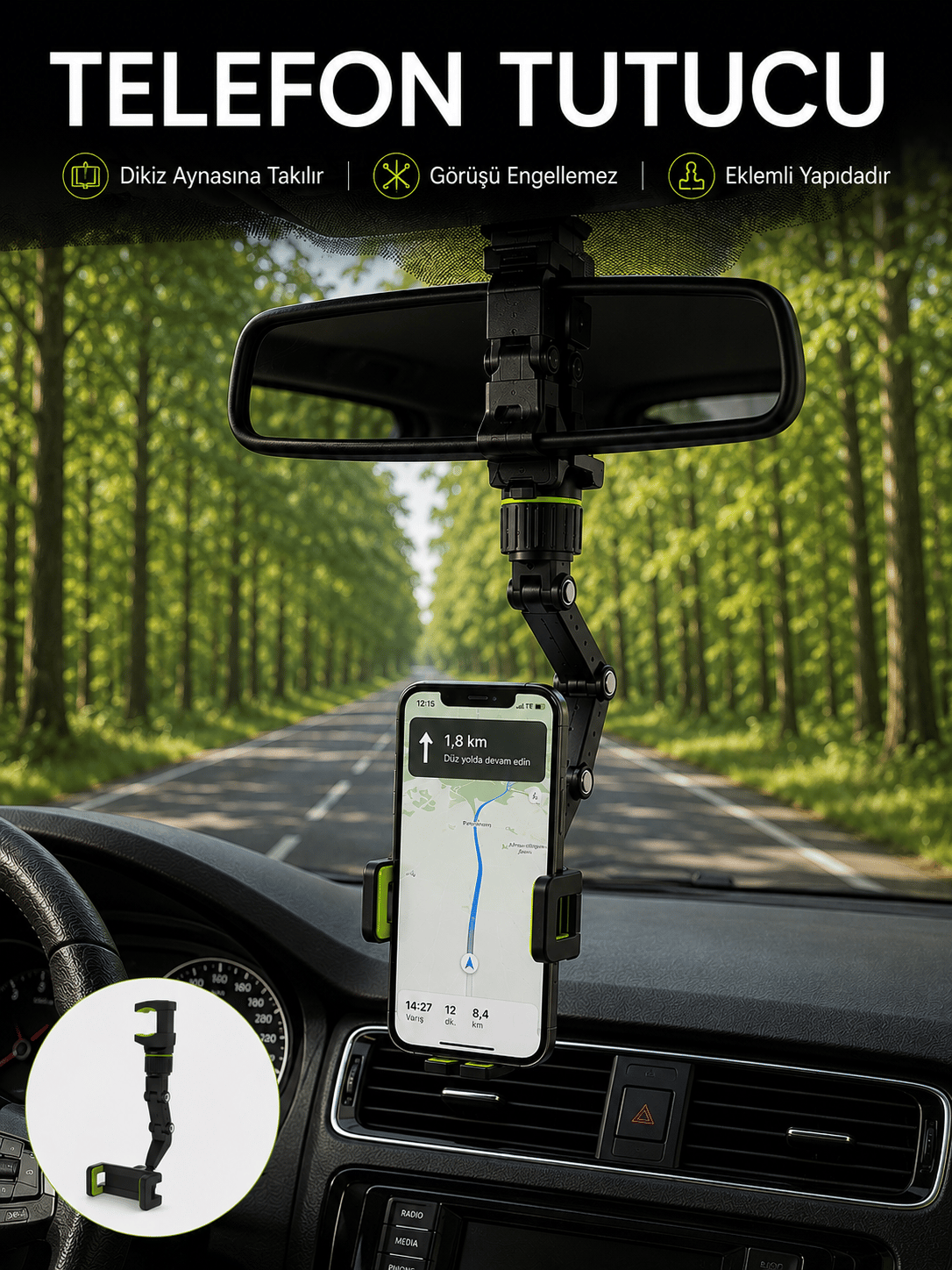 Araç İçi Dikiz Aynası Telefon Tutucu 360° Dönebilen Katlanabilir