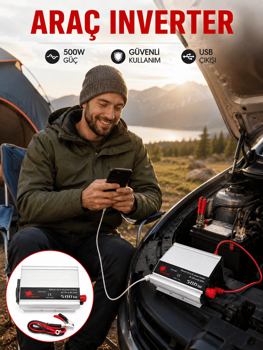 Araç İçi Elektrik Dönüştürücü 500W Priz İnvertör