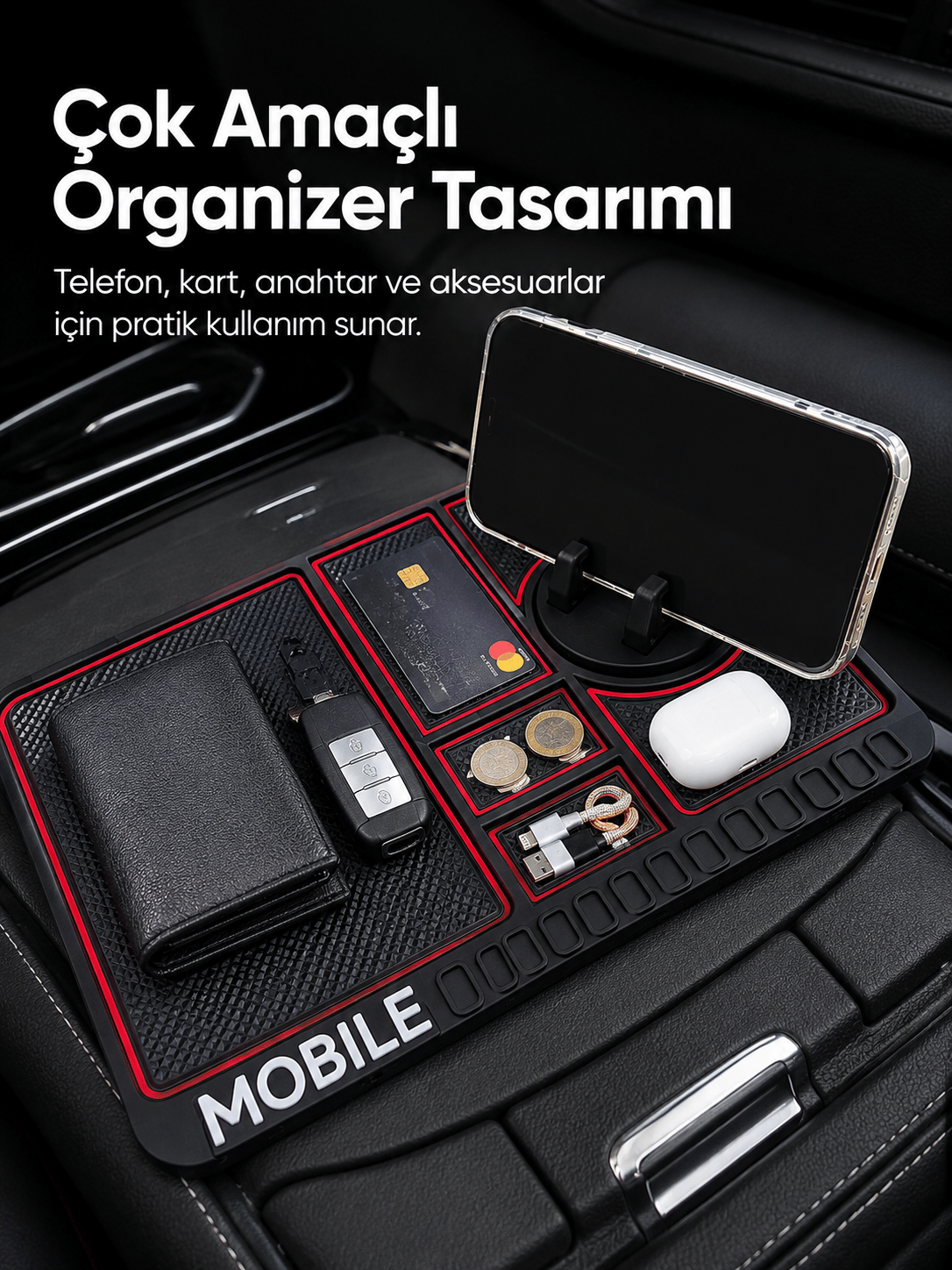 Araç İçi Kaydırmaz Organizer Mat Telefon Standlı Çok Amaçlı Konsol Düzenleyici