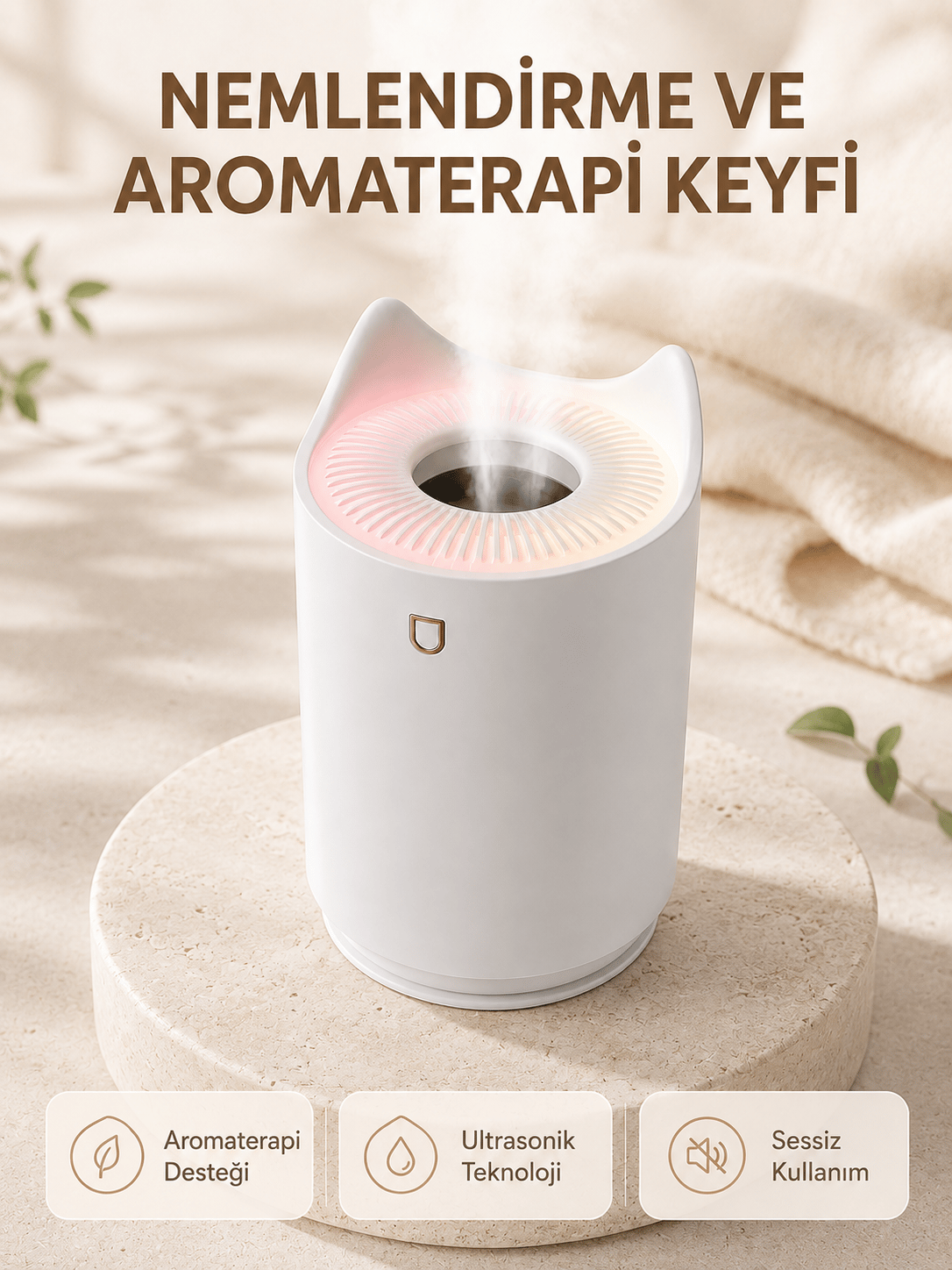 Aroma Difüzör Hava Nemlendirici Sessiz Çalışma LED Gece Lambası