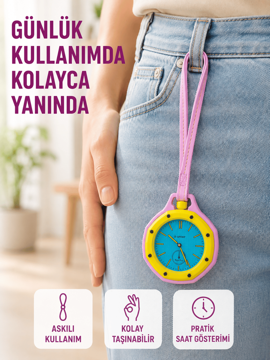 Askılı Analog Taşınabilir Saat Çanta Charmı Günlük Aksesuar Pembe