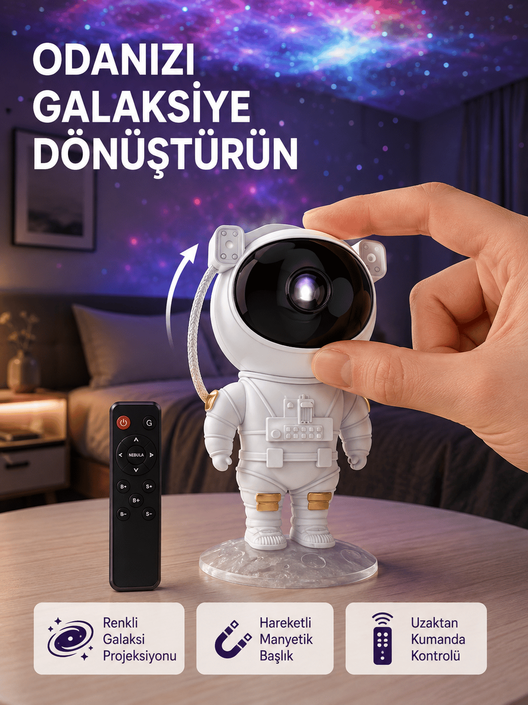 Astronot Şekilli Galaxy Projeksiyon Lambası Nebula Efektli Dekoratif Lamba