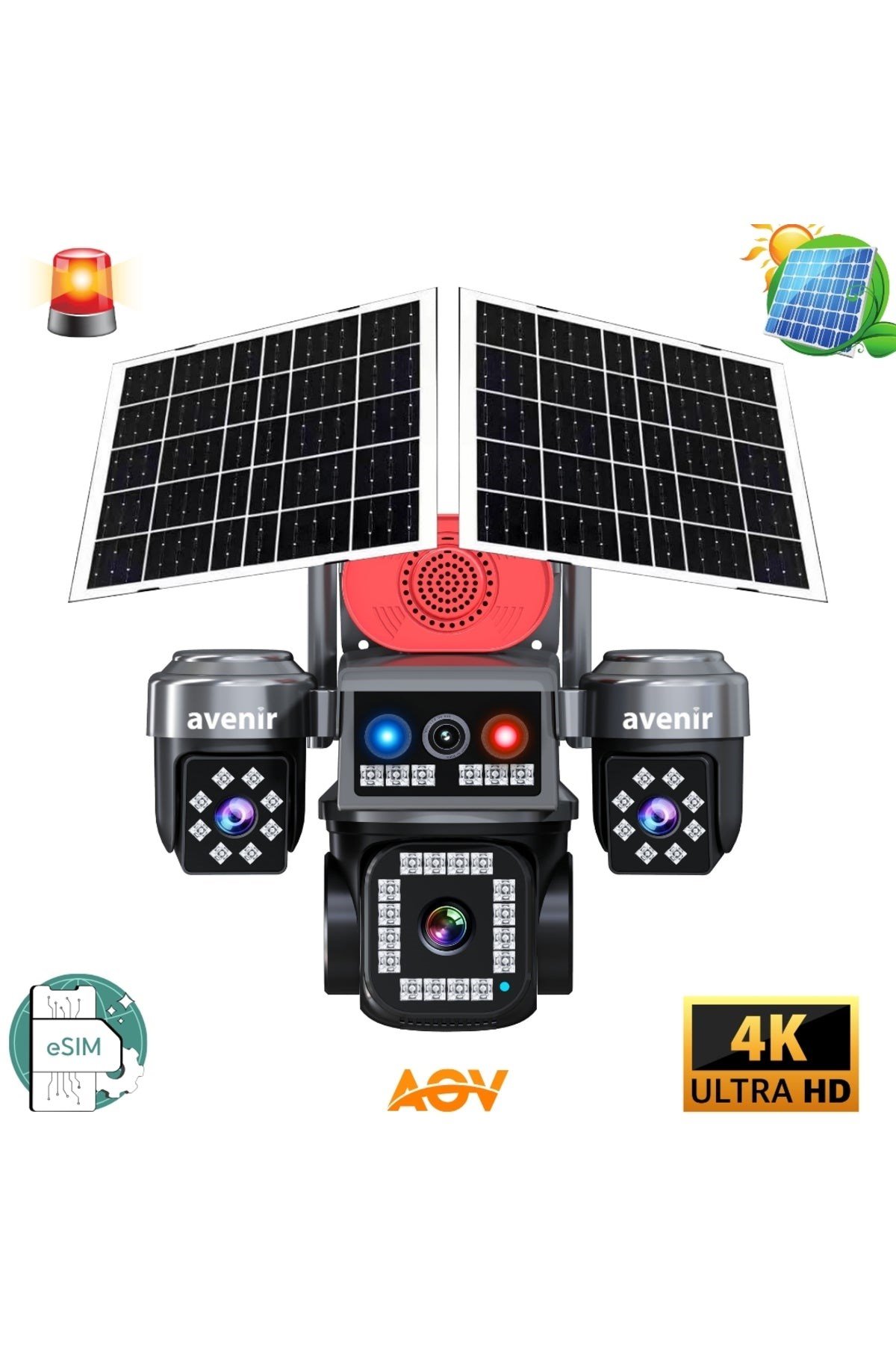 Avenir 4K Ultra HD Solar Güvenlik Kamerası (3 Lensli, eSIM, AOV)