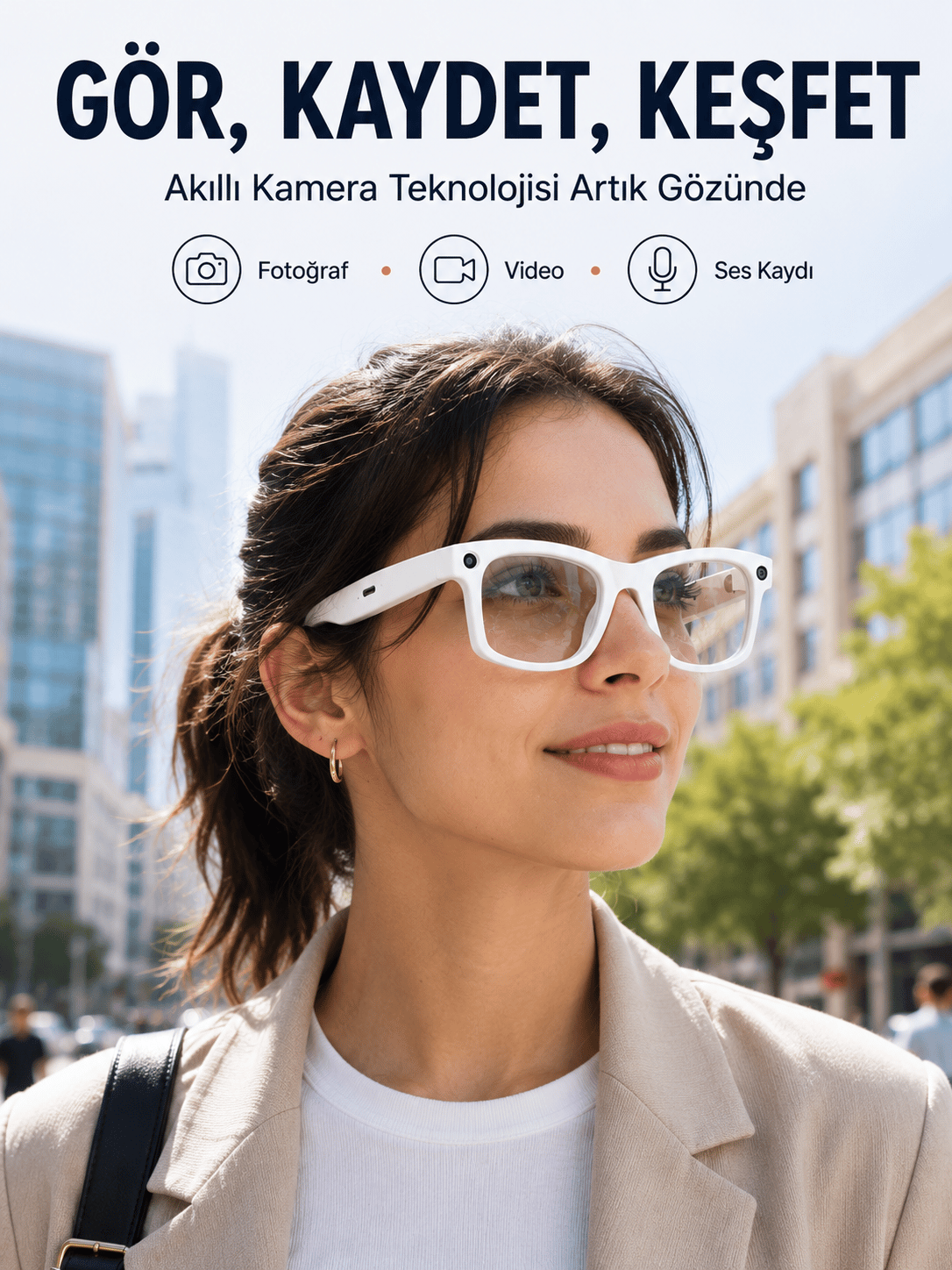 Beyaz Akıllı Kamera Gözlüğü Fotoğraf Video Çekimli Bluetooth Aramalı AI Destekli 3 Değiştirilebilir Lensli