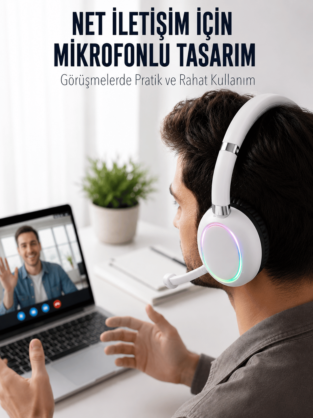 Bluetooth 5.0 Beyaz Kulak Üstü Kablosuz Kulaklık Mikrofonlu RGB Aydınlatmalı