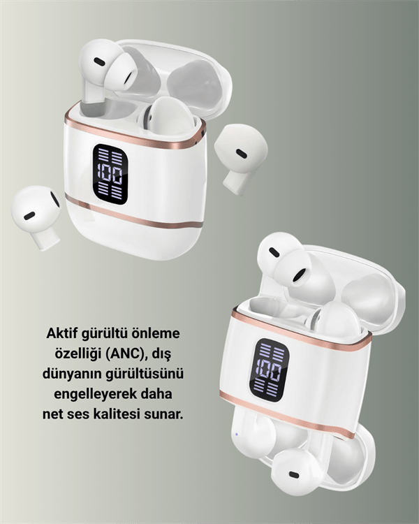 Bluetooth 5.3 Kulaklık – Kulakiçi, ANC+ENC, 4 Adet Set, Dijital Göstergeli