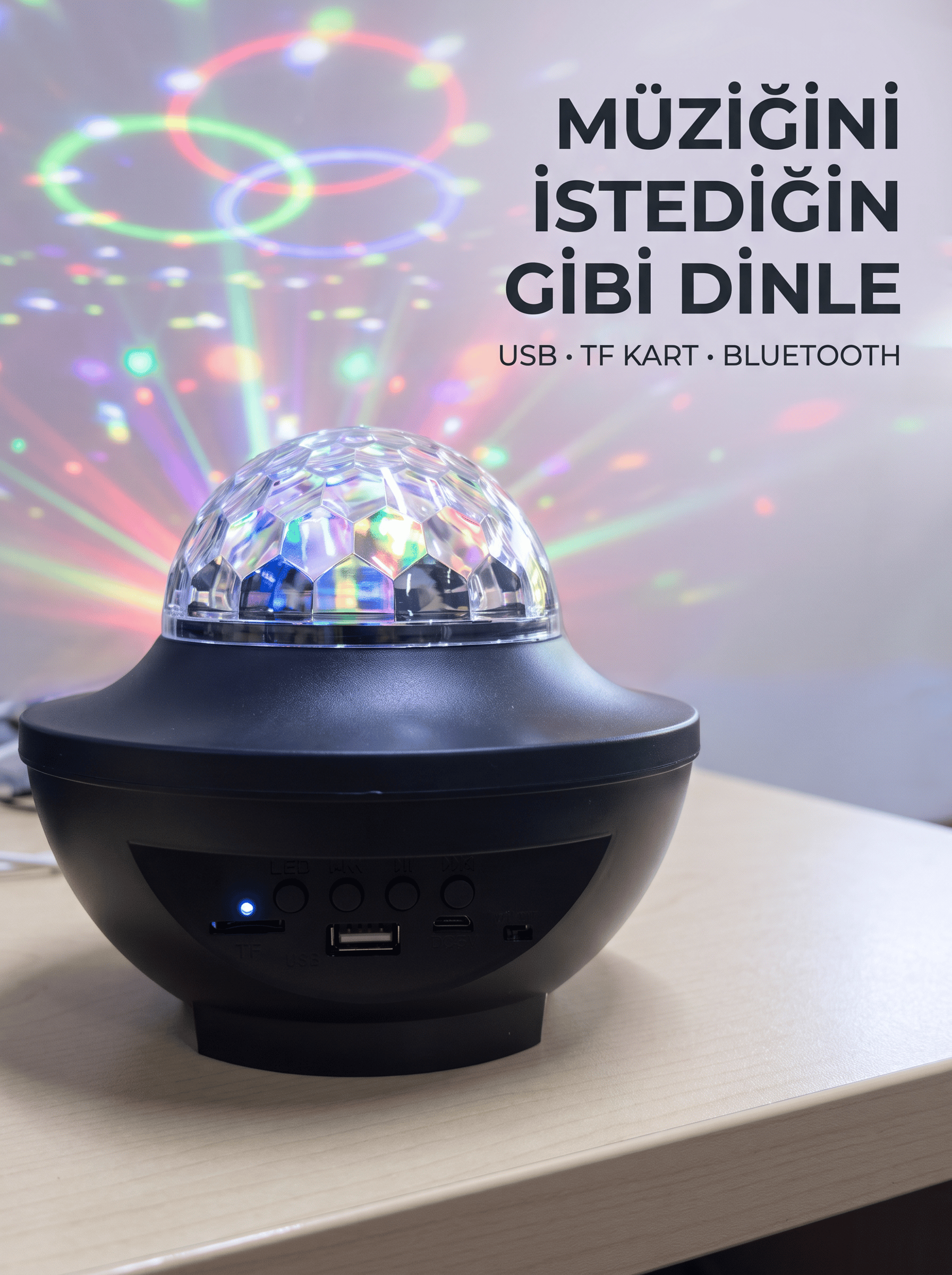 Bluetooth Müzikli Disko Işığı RGB Parti Projektörü Dahili Hoparlör USB Micro SD Destekli
