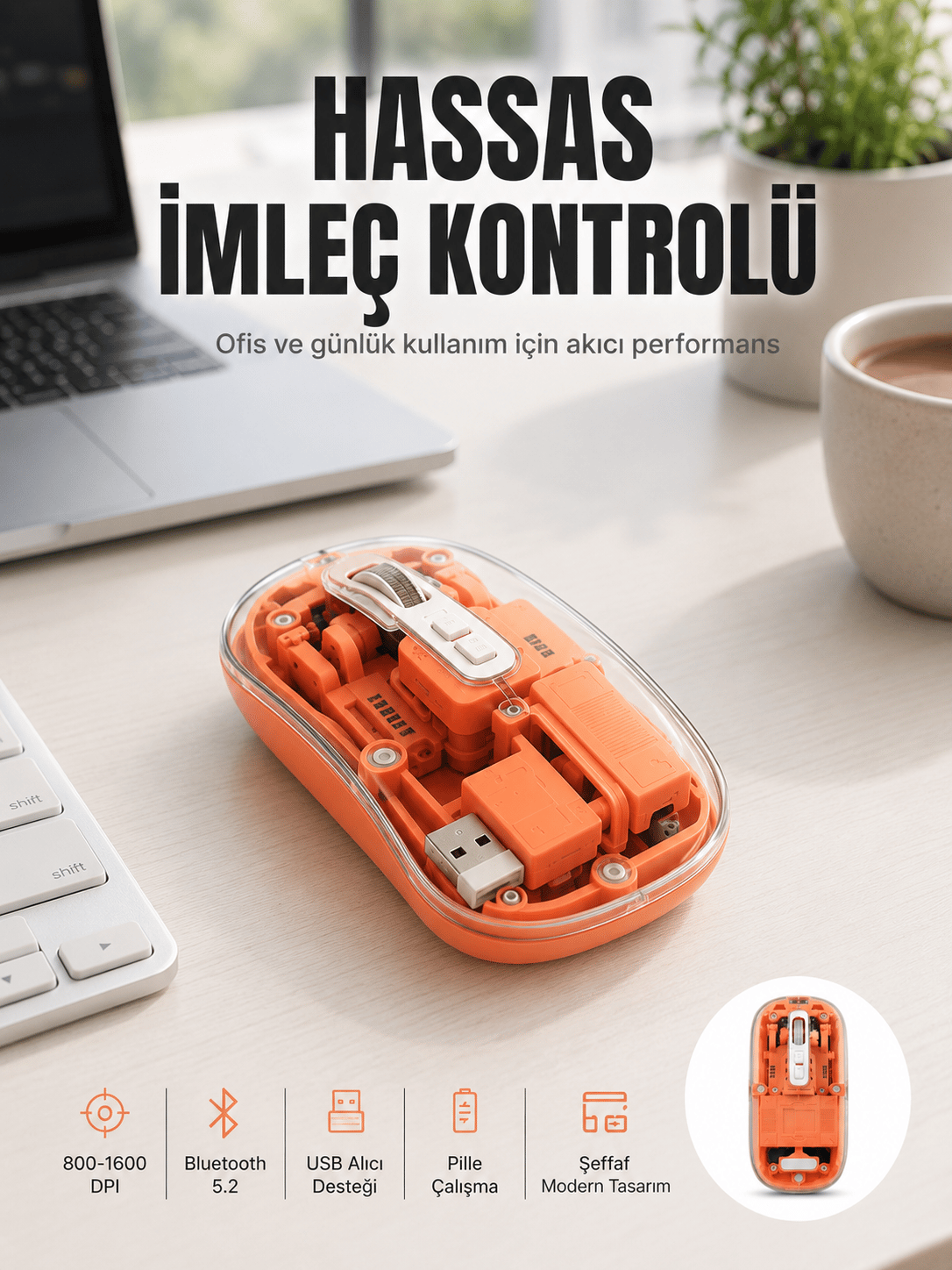 Bluetooth ve USB Destekli Kablosuz Şeffaf Mouse Sessiz Kullanım Yeni Nesil