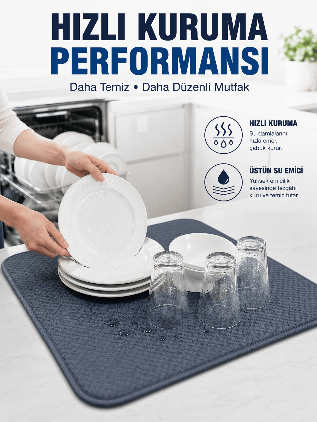 Bulaşık Kurutma Matı Geniş Yüzeyli Mikrofiber Tezgâh Koruyucu Kurutma Matı