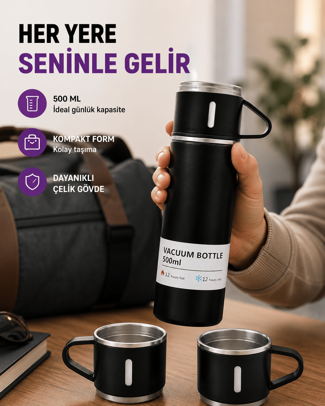Çelik Termos Bardak Seti | 500 ml Kapasite, Kaymaz Taban, Hediye Kutulu