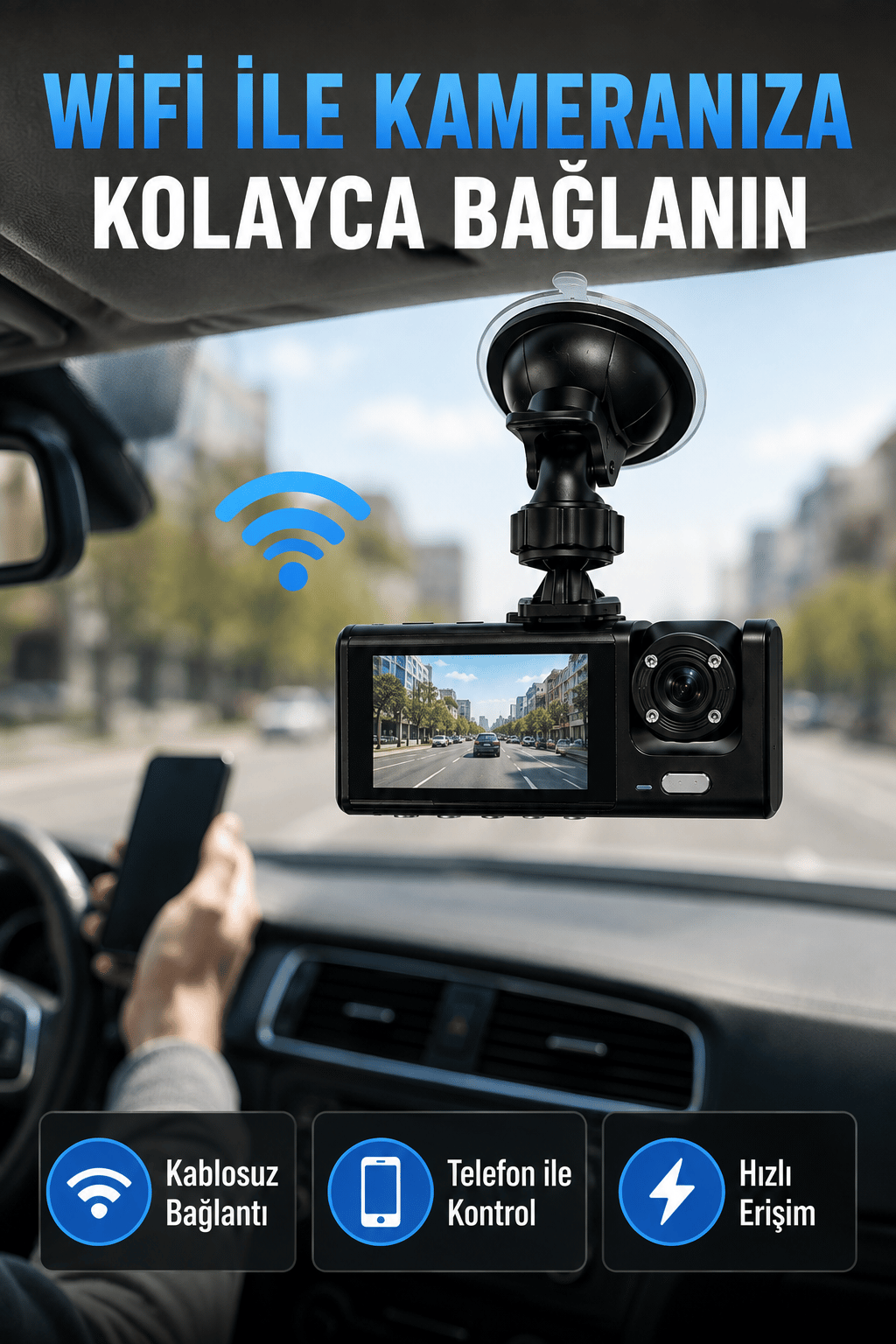 Çift Kameralı WiFi Araç Kamerası 170° Geniş Açı Full HD Araç İçi Kayıt Sistemi