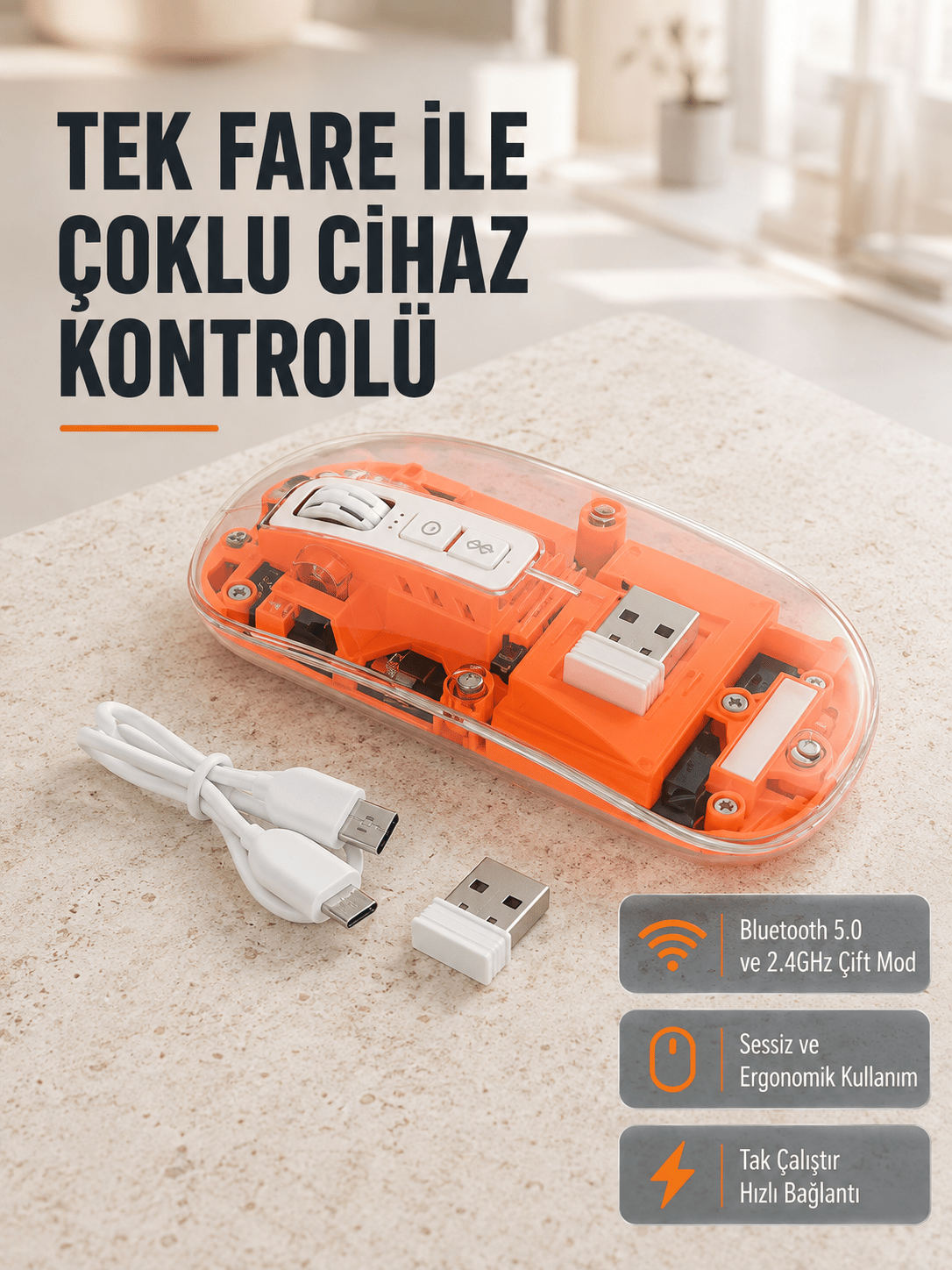 Çift Modlu Kablosuz Bluetooth 5.0 + 2.4GHz Mouse – 3 Cihaz Bağlantılı, Hızlı Geçiş Düğmeli