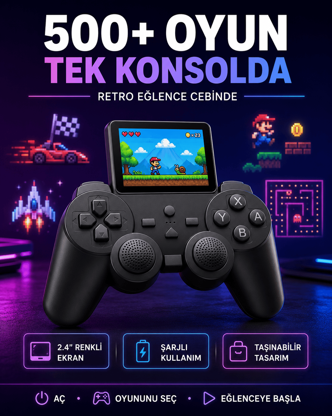 Çocuklar ve Yetişkinler İçin Uygun 500 Oyunlu Taşınabilir Mini Retro El Konsolu