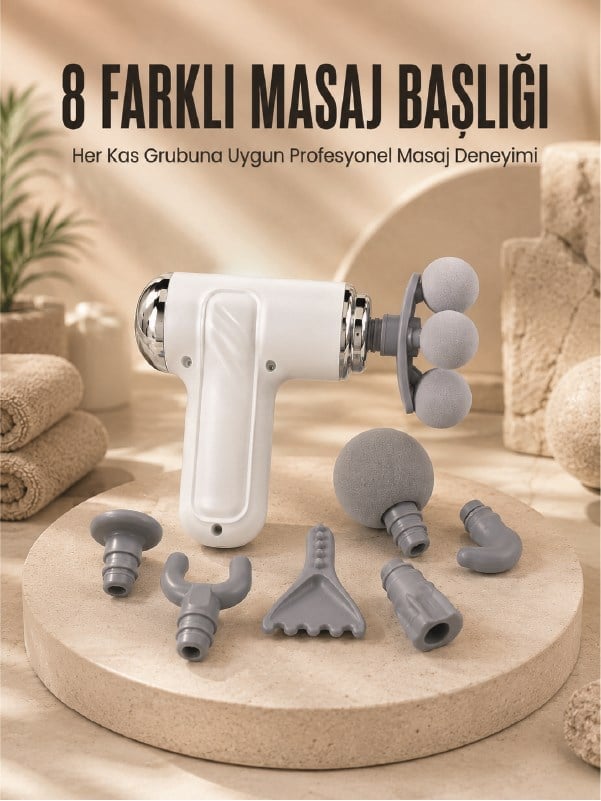 Çok Fonksiyonlu Masaj Tabancası Spor Sonrası Kas Rahatlatıcı 8 Başlıklı Masaj Cihazı