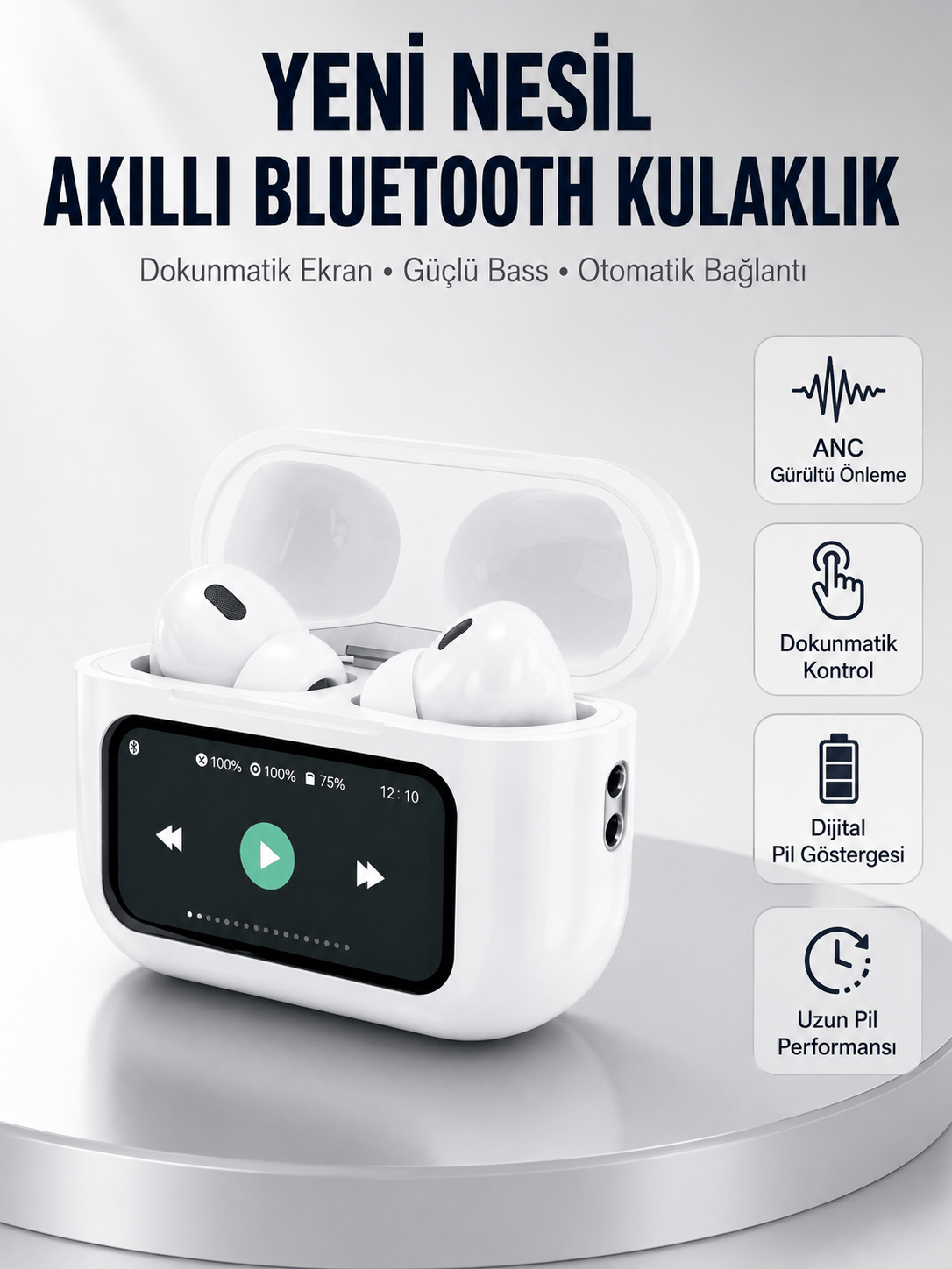 Dokunmatik Ekranlı Bluetooth Kulaklık ANC Gürültü Önleme Suya Dayanıklı Yeni Nesil