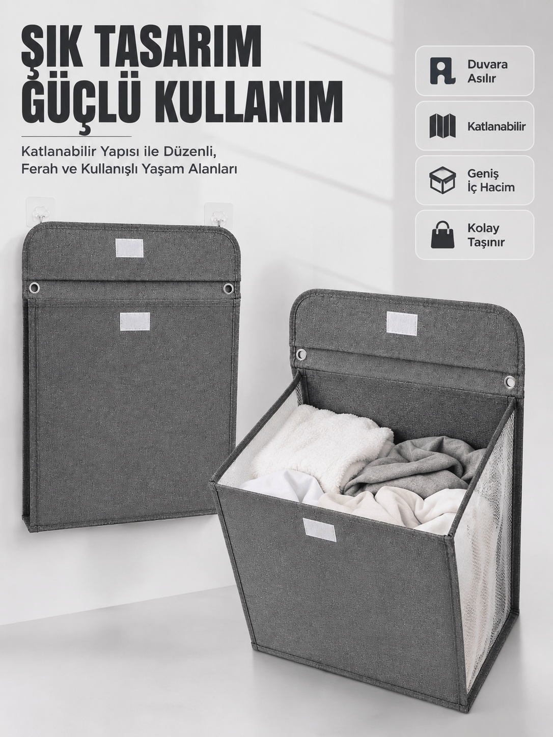 Duvara Asılabilir Katlanabilir Kirli Çamaşır Sepeti Geniş Hacimli Düzenleyici
