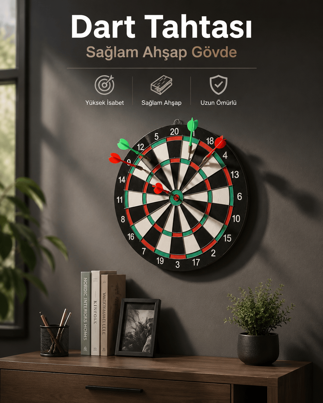 Duvara Monte Sağlam Ahşap Gövdeli Dart Tahtası Ev ve Oyun Alanları İçin 17 İnç