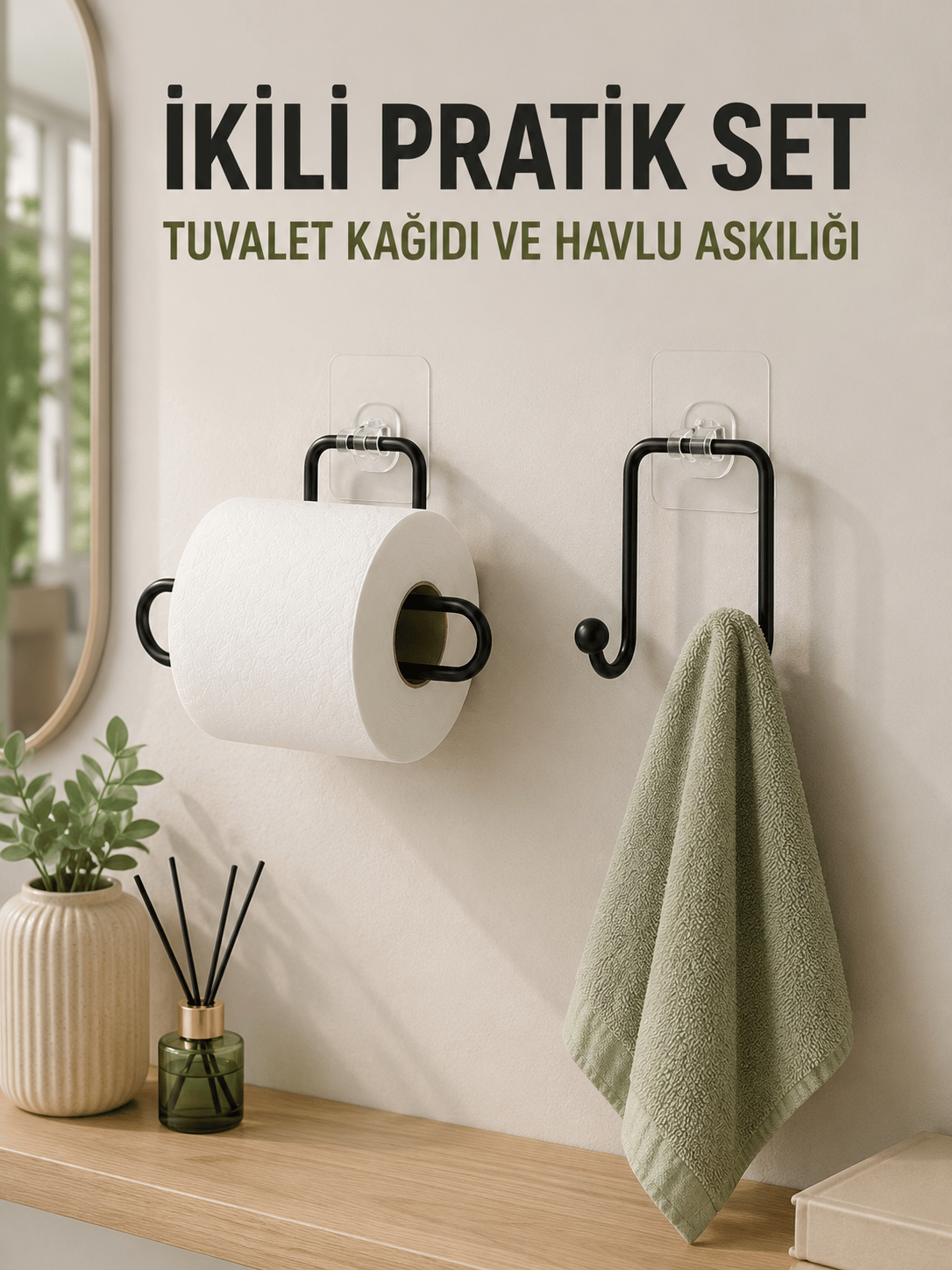 Duvara Yapışkanlı 2’li Düzenleme Seti Havlu Askısı ve Tuvalet Kağıdı Tutucu