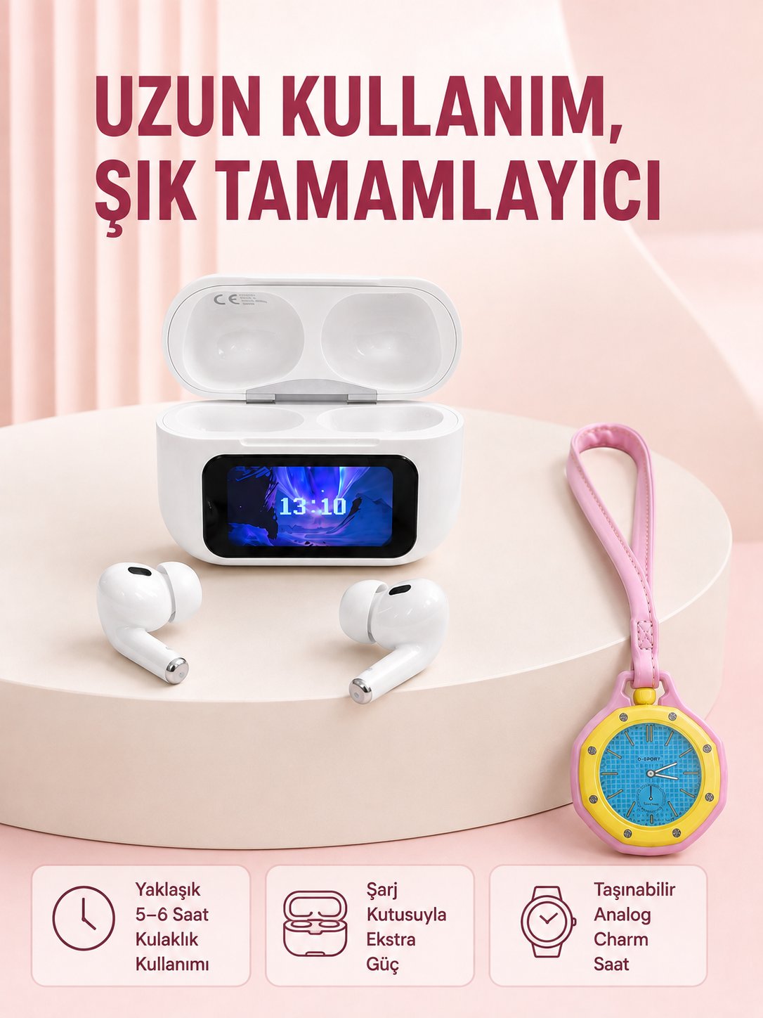 Ekranlı Kablosuz Kulaklık ve Pembe Çanta Charm Saat Kampanya Seti