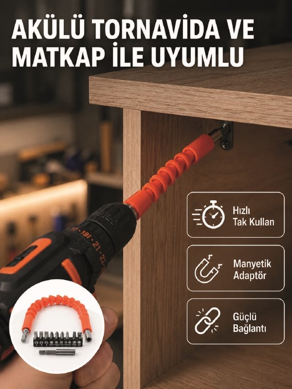 Esnek Bits Uç Seti 12 Parça Manyetik Adaptörlü Matkap Tornavida Aksesuarı