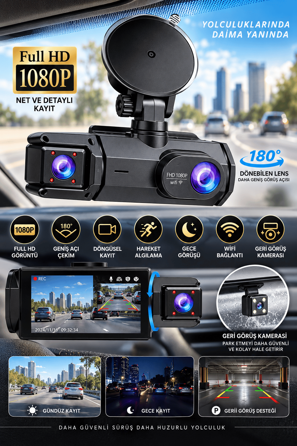Full HD 1080P Çift Kamera 180° Geniş Açı WiFi Şarjlı Kullanım