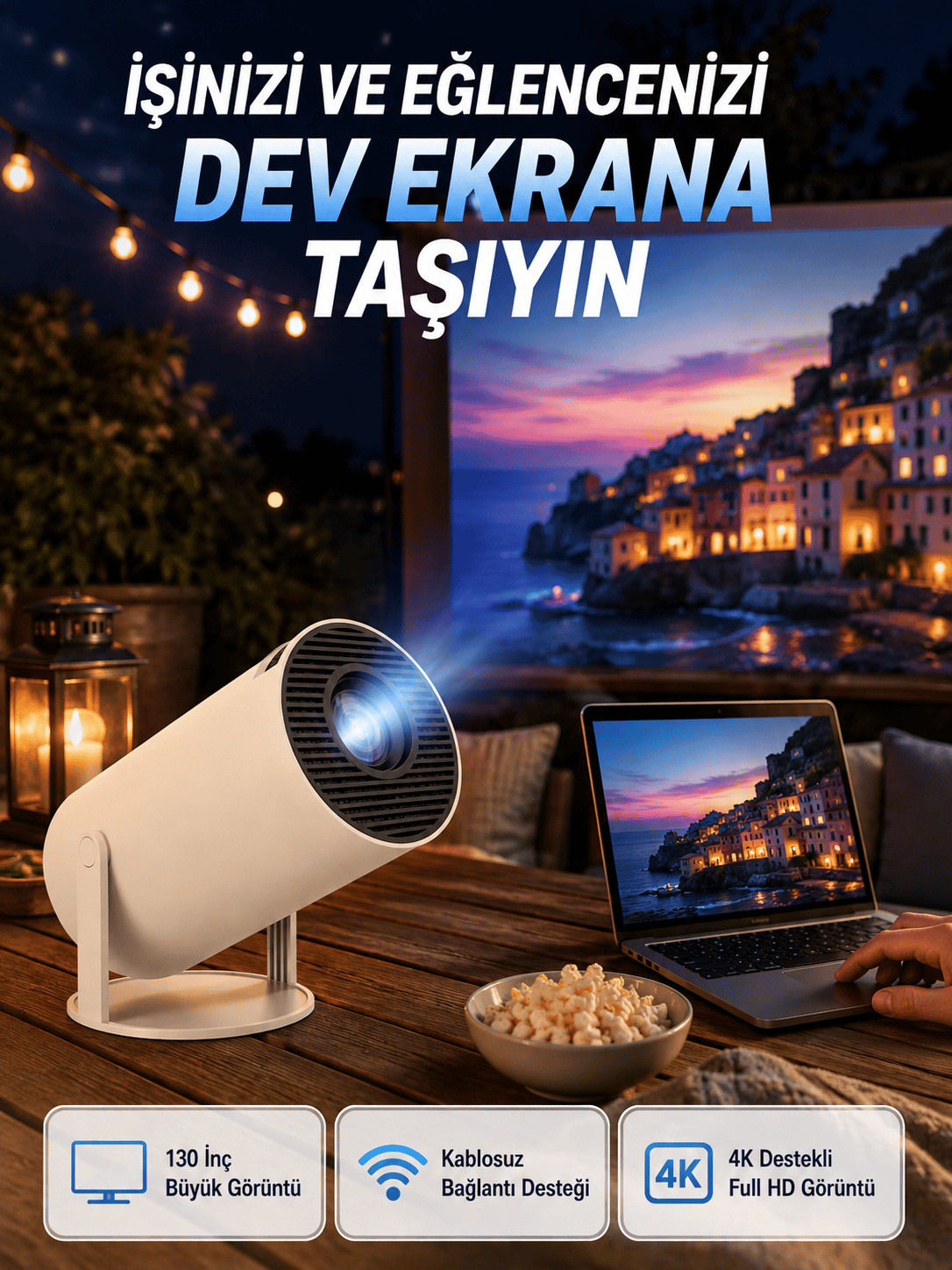 Full HD 4K Destekli Akıllı Projeksiyon – 130 inç Ekran, Uzun Ömürlü Ampul ve Çoklu Giriş