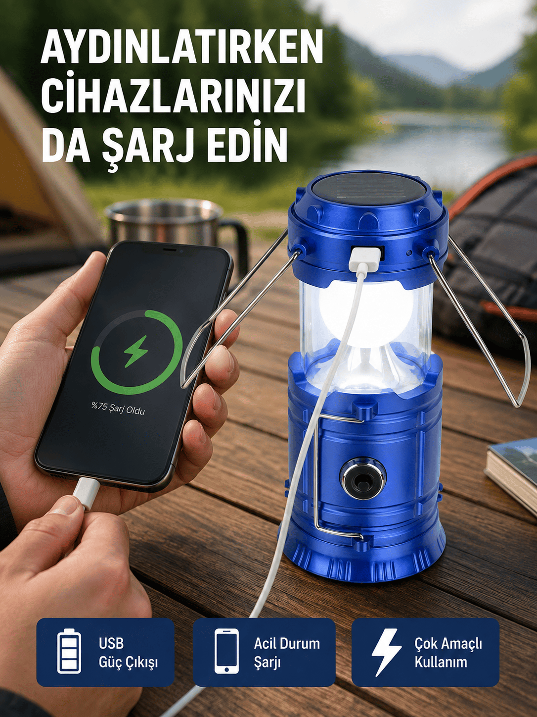 Güneş Enerjili Katlanabilir Kamp Feneri – USB Şarjlı, Hafif ve Çok Fonksiyonlu