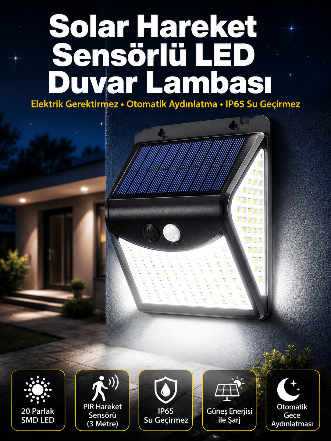 Güneş Enerjili Sensörlü Duvar Lambası Bahçe Lamba Suya Dayanıklı Bahçe Aydınlatma
