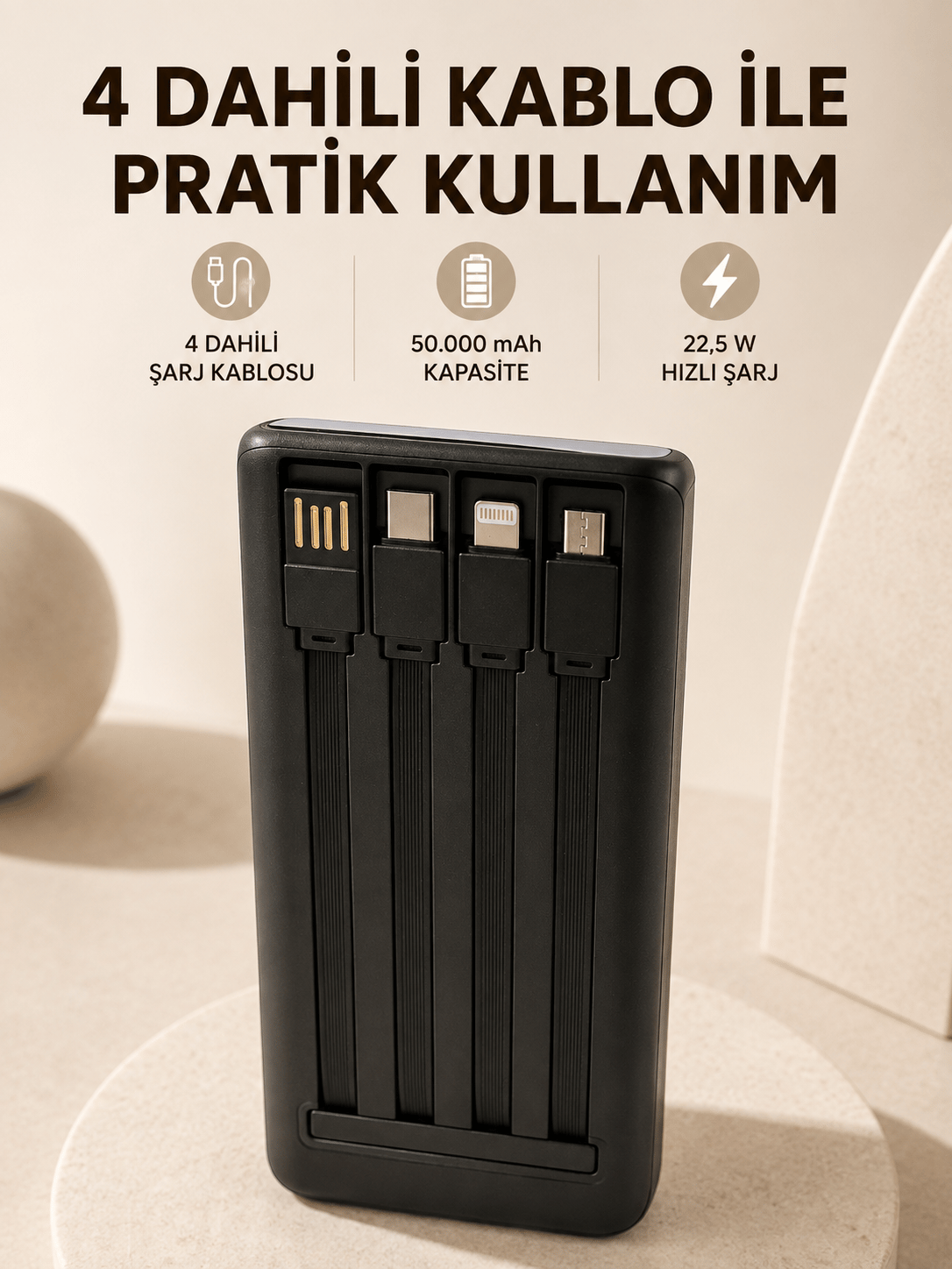 Hızlı Şarj Powerbank 50.000 mAh 4 Dahili Kablolu LED Aydınlatmalı Dijital Göstergeli Taşınabilir Batarya