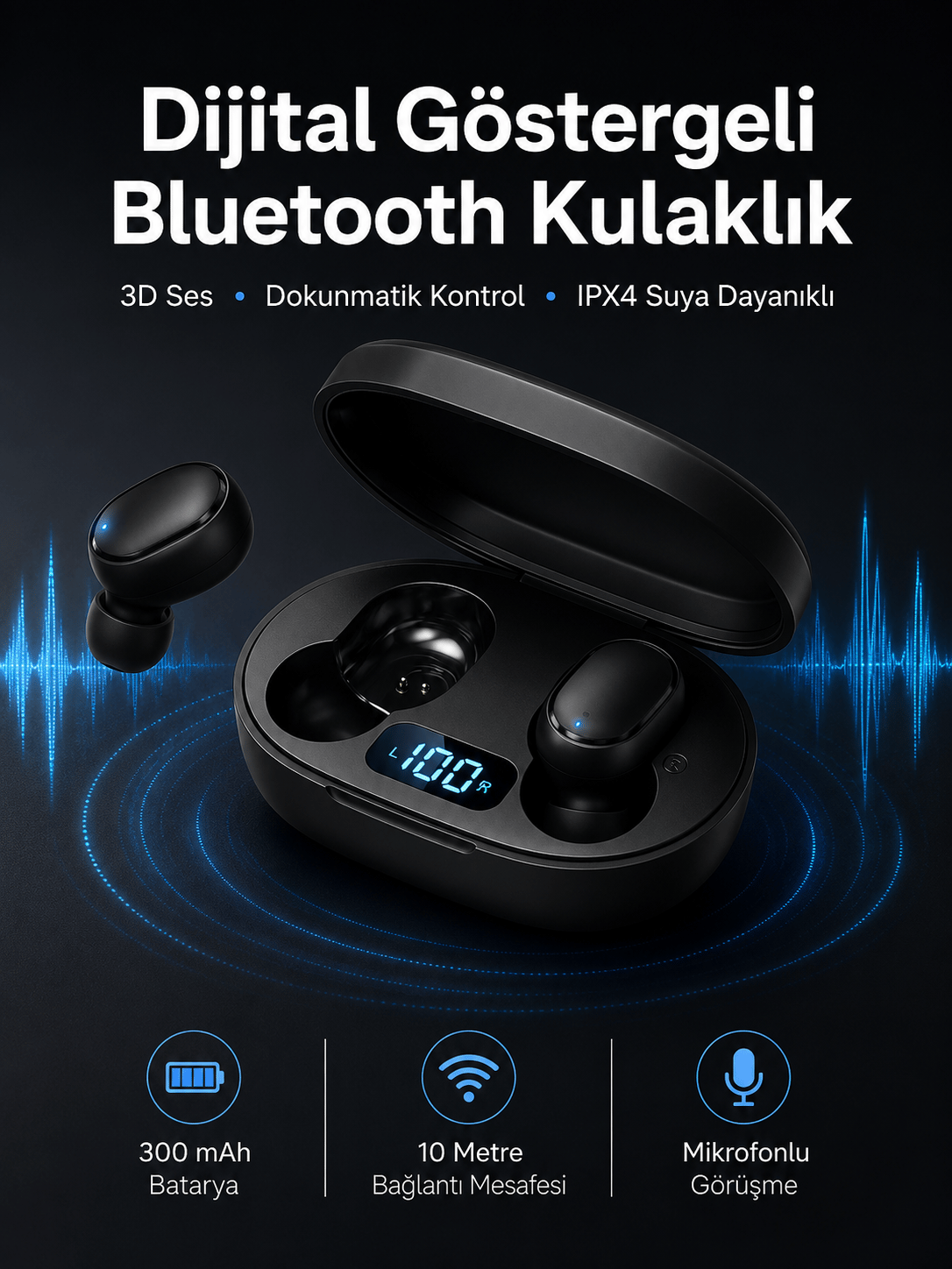 İkili Bluetooth Kulaklık Dijital Göstergeli Uzun Pil Ömrü Yüksek Ses Kaliteli Yeni Nesil