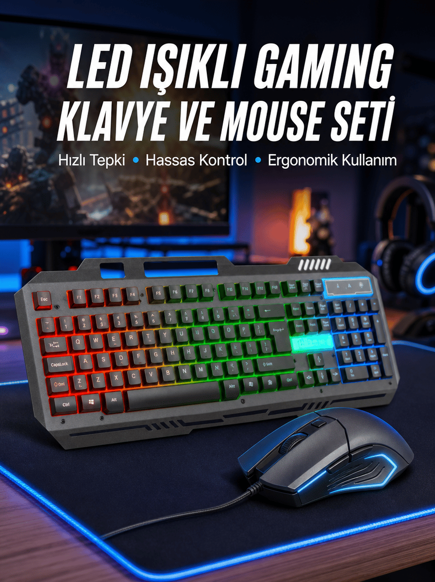 Işıklı Oyuncu Q Klavye Mouse Seti Siyah Gaming Oyuncu Klavye Yeni Nesil