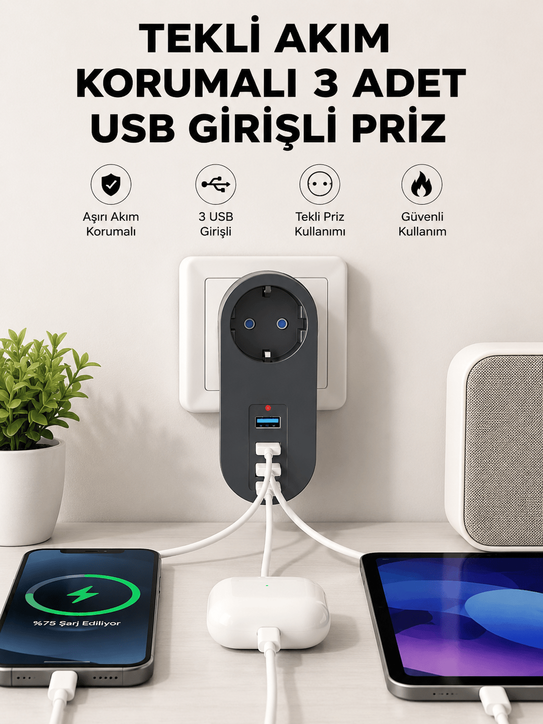 Isıya Dayanıklı 3 USB Portlu Güvenlikli Priz – Akıllı Enerji Yönetimi