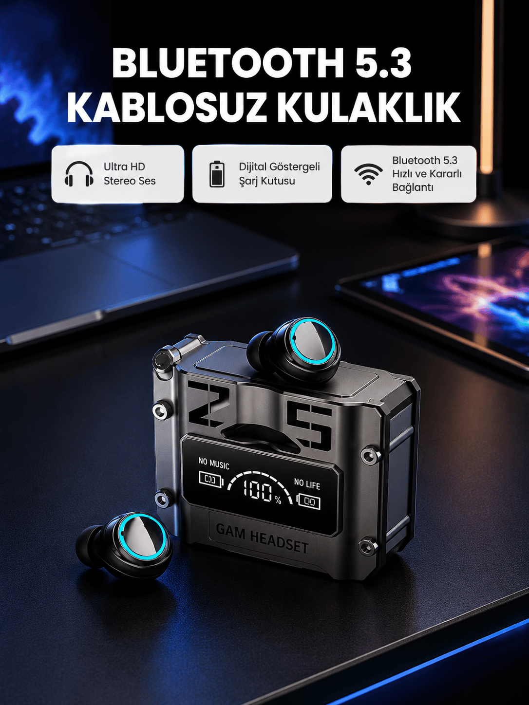 Kablosuz Bluetooth 5.3 Kulaklık – Aktif Gürültü Engelleme ve Gecikmesiz Oyun Modu