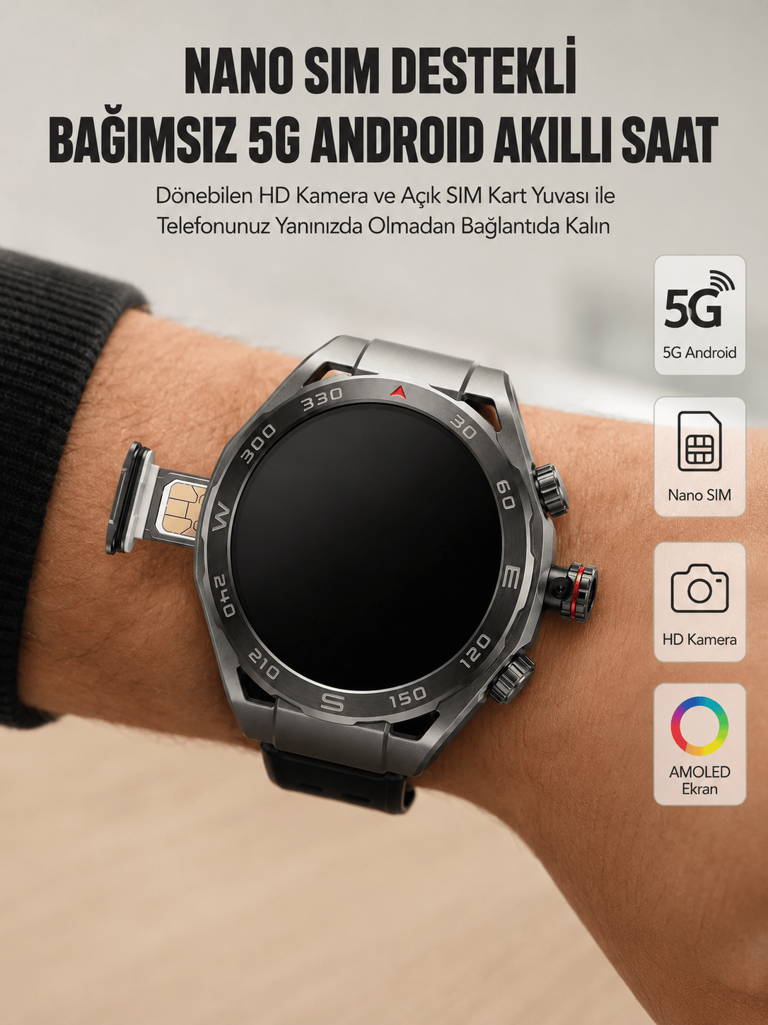 Kameralı 5G Android Akıllı Saat AMOLED Ekran Wi-Fi GPS SIM Kart Destekli