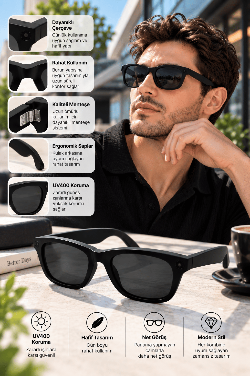 Kameralı Akıllı Güneş Gözlüğü Smart Glasses Siyah Şık Tasarım