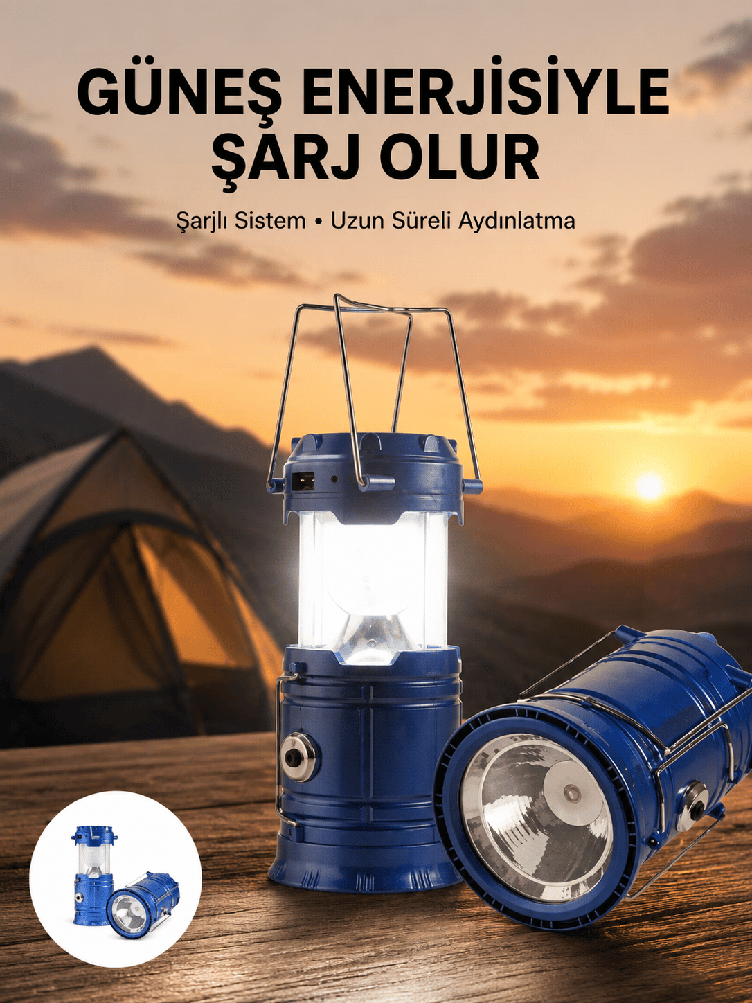 Kamp Feneri Şarj Edilebilir Güneş Enerjili Işıldak USB Şarjlı