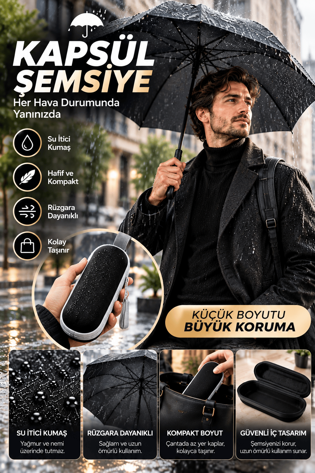Kapsül Şemsiye Siyah Su İtici Kumaş Rüzgara Dayanıklı Hafif ve Taşınabilir Tasarım