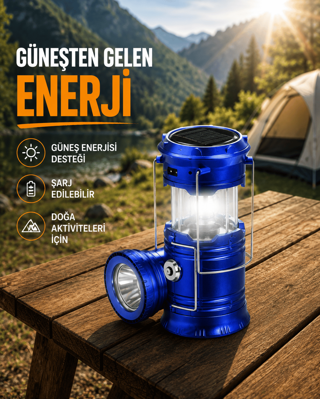 Katlanabilir USB Çıkışlı Kamp Feneri – Şarj Edilebilir, Dayanıklı ve Çok Fonksiyonlu