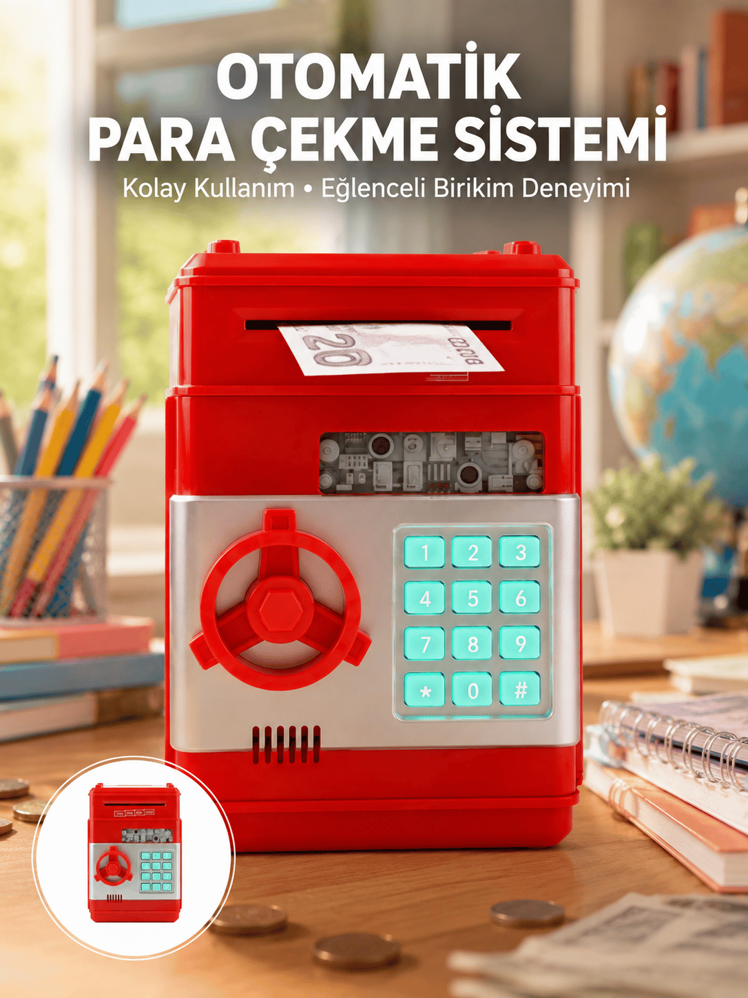 Kırmızı Şifreli ATM Kasa Para Yutan Kumbara