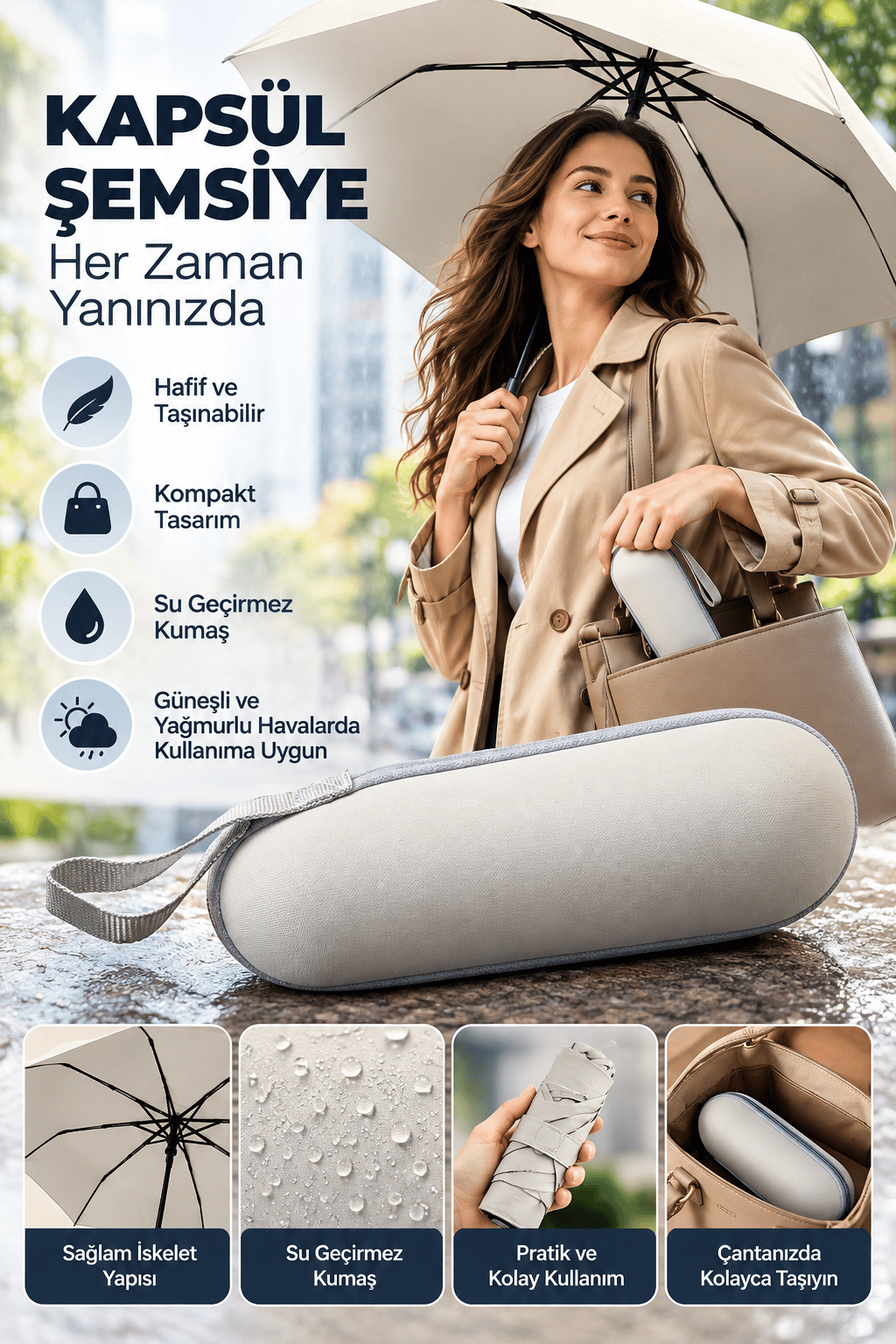 Kompakt Tasarımıyla Çantanızda Fazla Yer Kaplamayan Açık Gri Kapsül Şemsiye