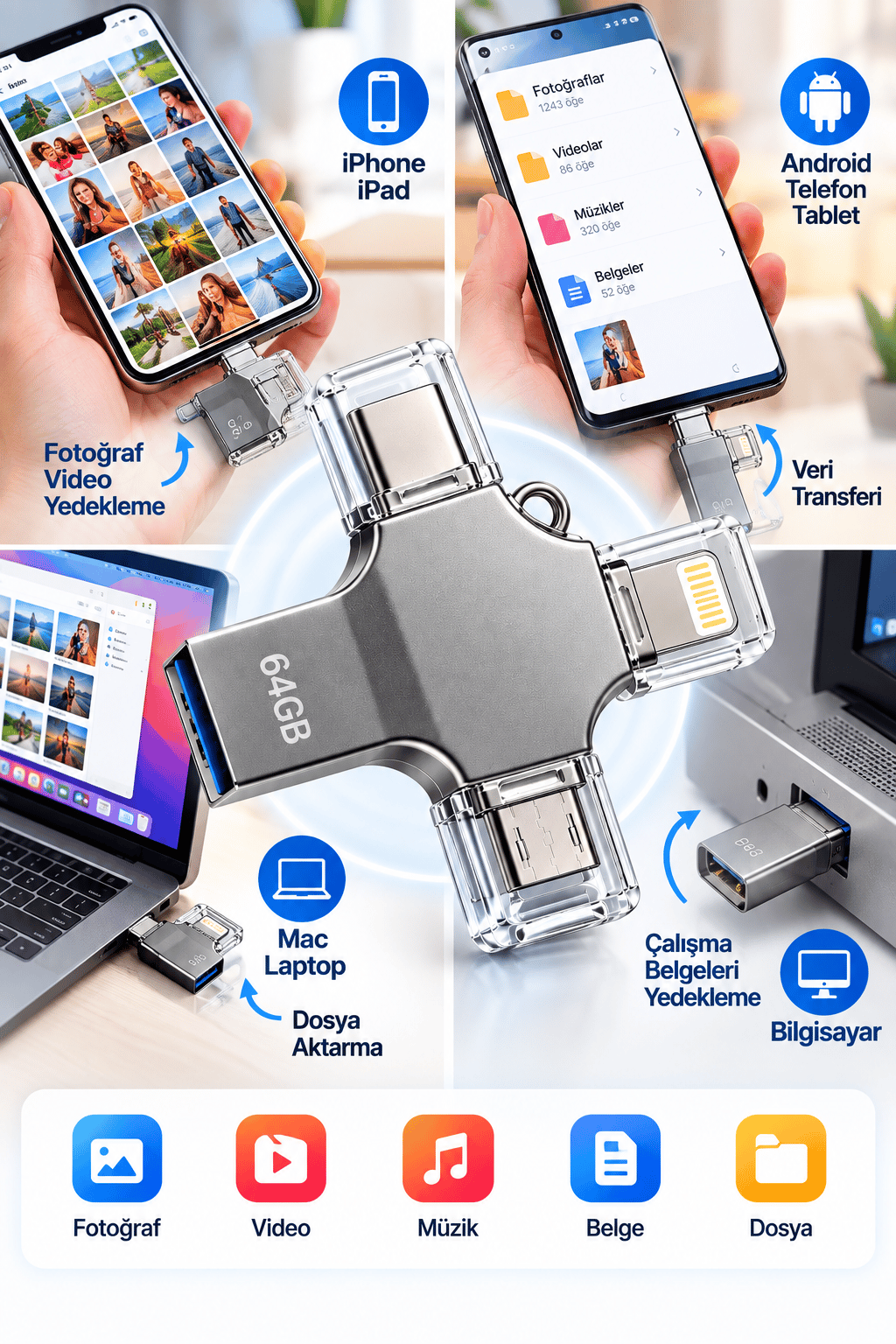 Kompakt ve Taşınabilir Tasarıma Sahip 64GB Lightning Type C USB MicroUSB Çoklu Kullanımlı Flash Bellek